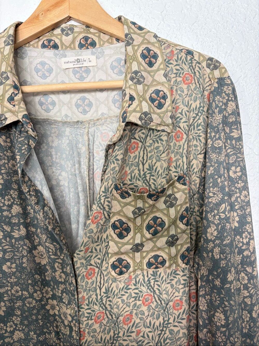 Natural Life Lola Mixed Floral Patchwork Tie Front Blouse Top Rayon Boho Size L - Picture 6 of 12